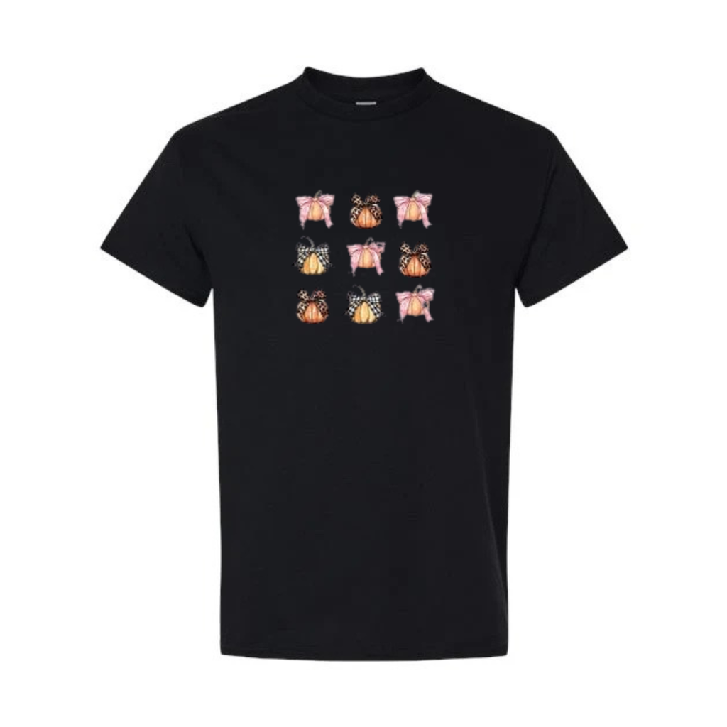 Coquette Pumpkin Bows design on black short sleeve tee