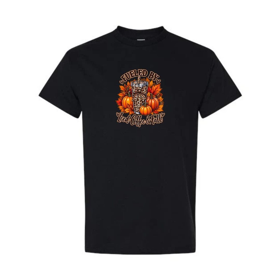 Fueled By Iced Coffee & Fall design on black short sleeve tee