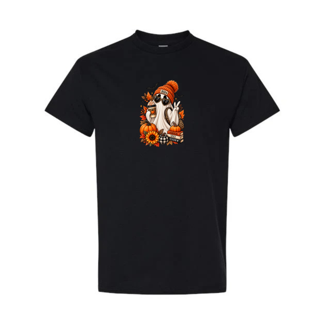 Pumpkin Spice Season Ghost design on black short sleeve tee