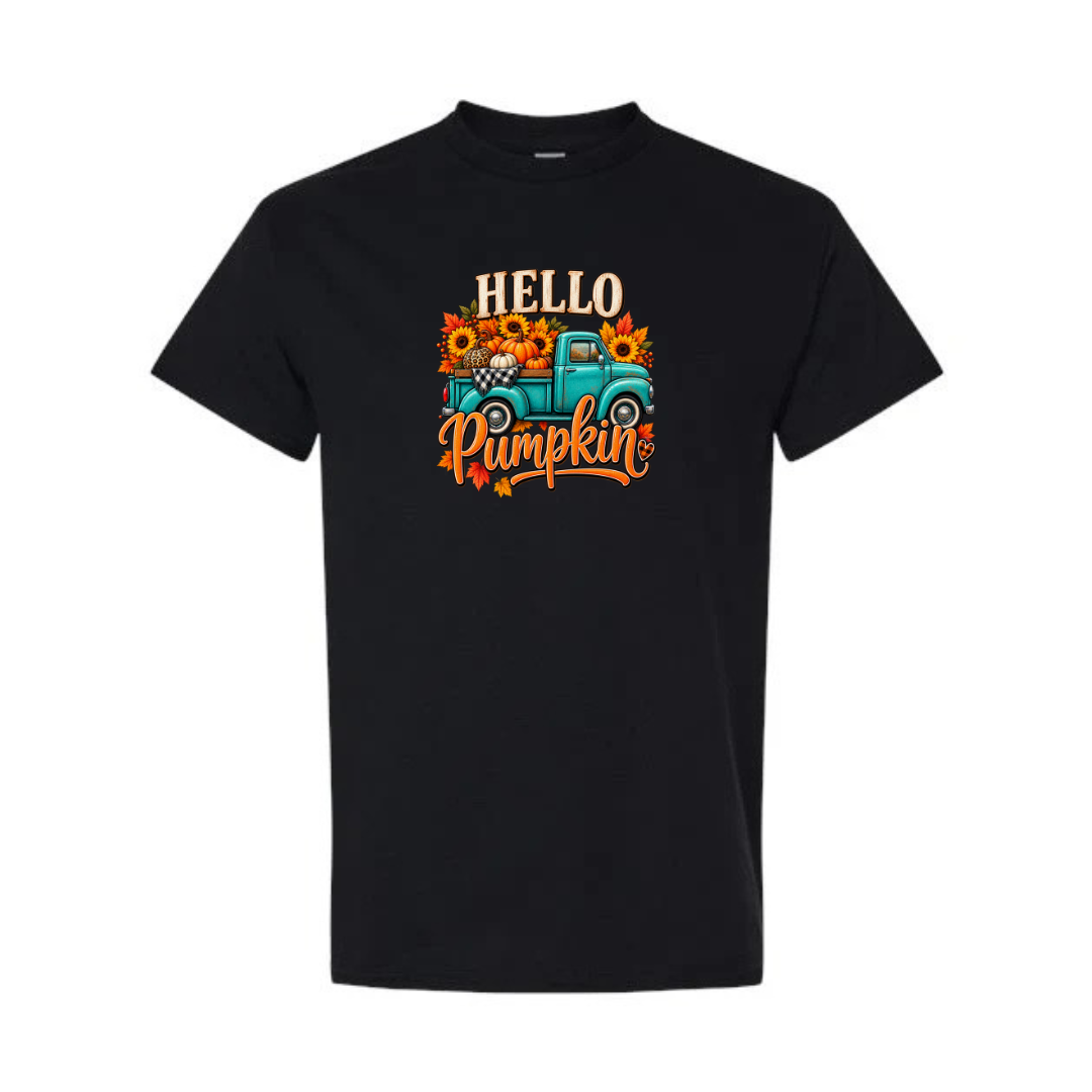 Hello Pumpkin Truck design on black short sleeve tee