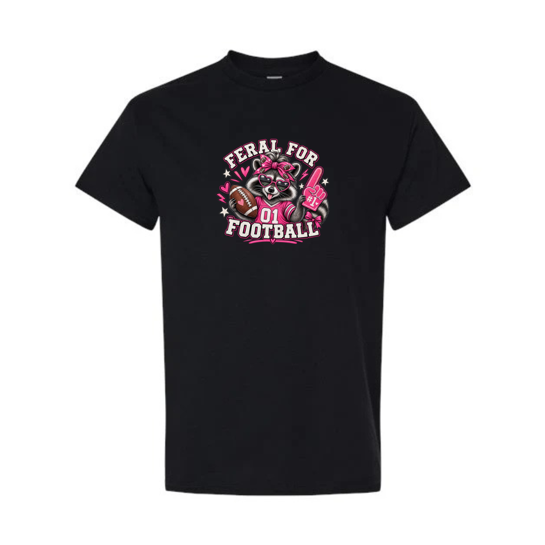 Feral For Football — Pink Cheer design on black short sleeve tee