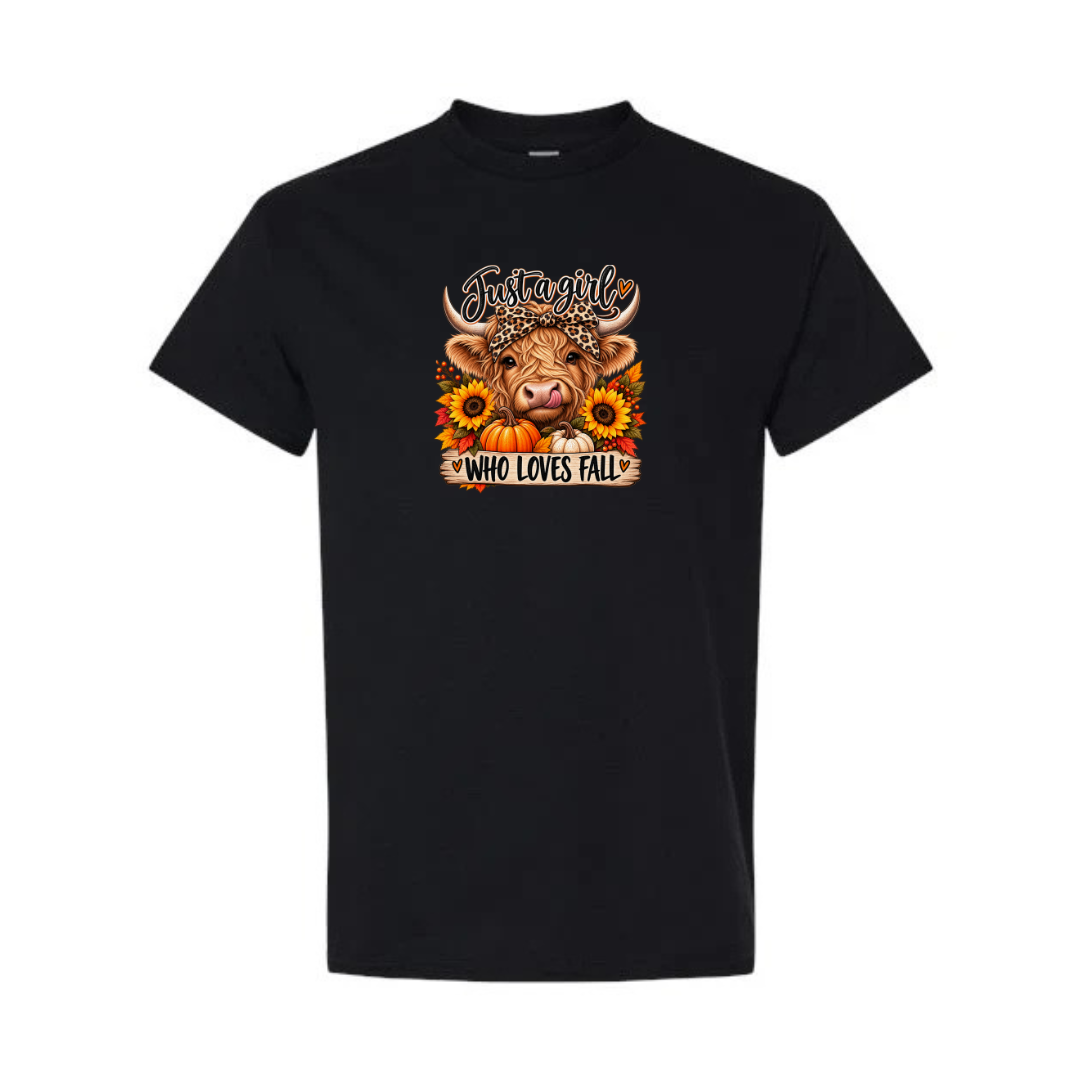 Just A Girl Who Loves Fall design on black short sleeve tee