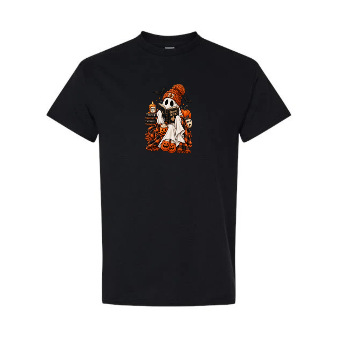Spooky Stories design on black short sleeve tee