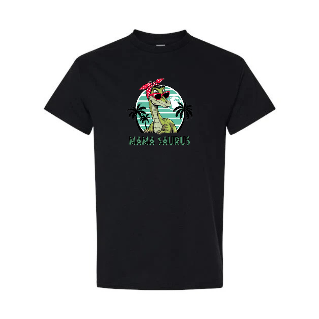 Mama Saurus design on black short sleeve tee