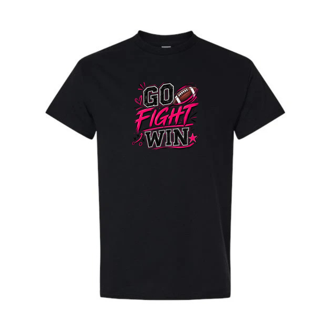 Go Fight Win design on black short sleeve tee