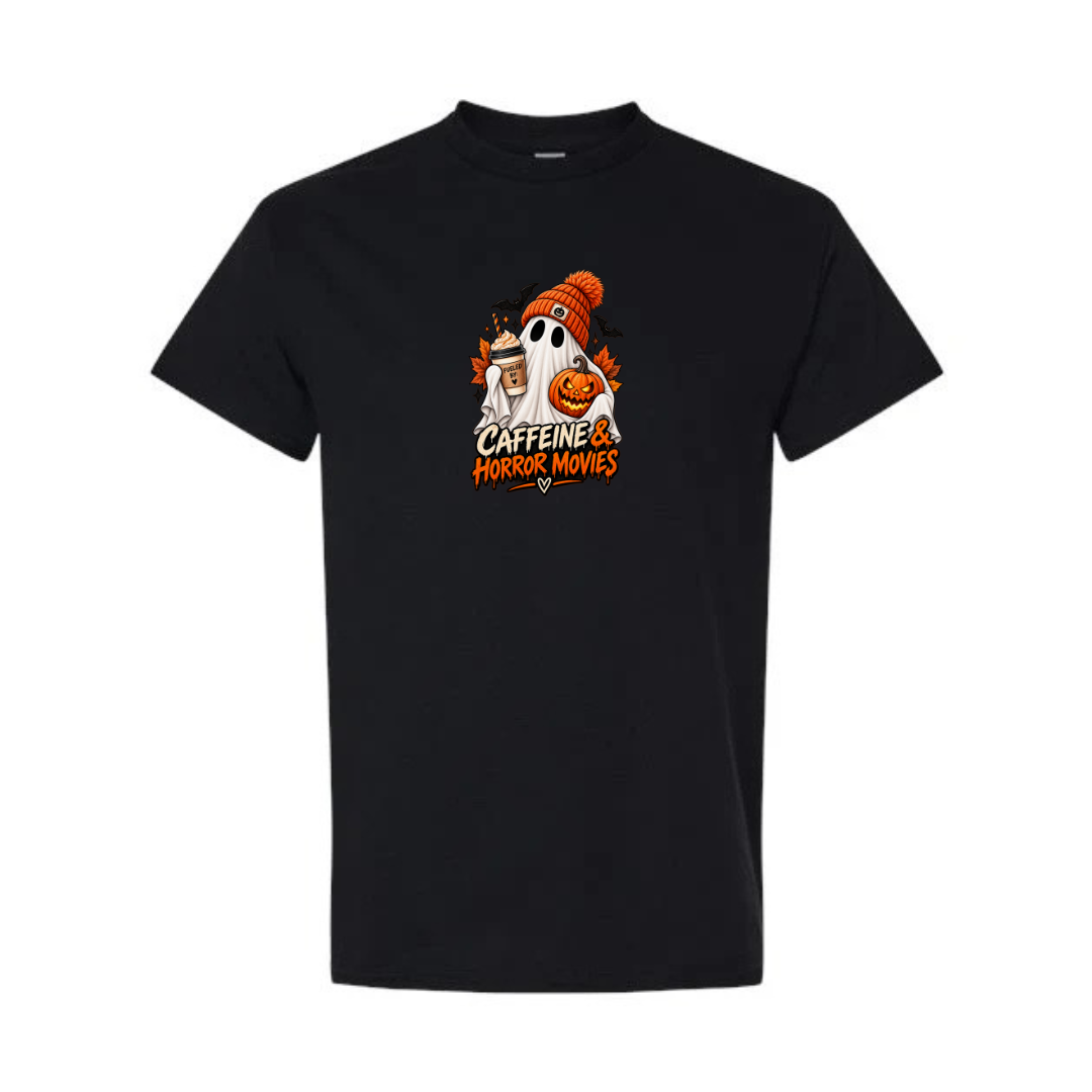 Caffeine & Horror Movies design on black short sleeve tee