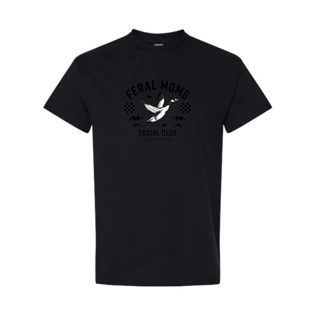 Feral Moms Social Club design on black short sleeve tee