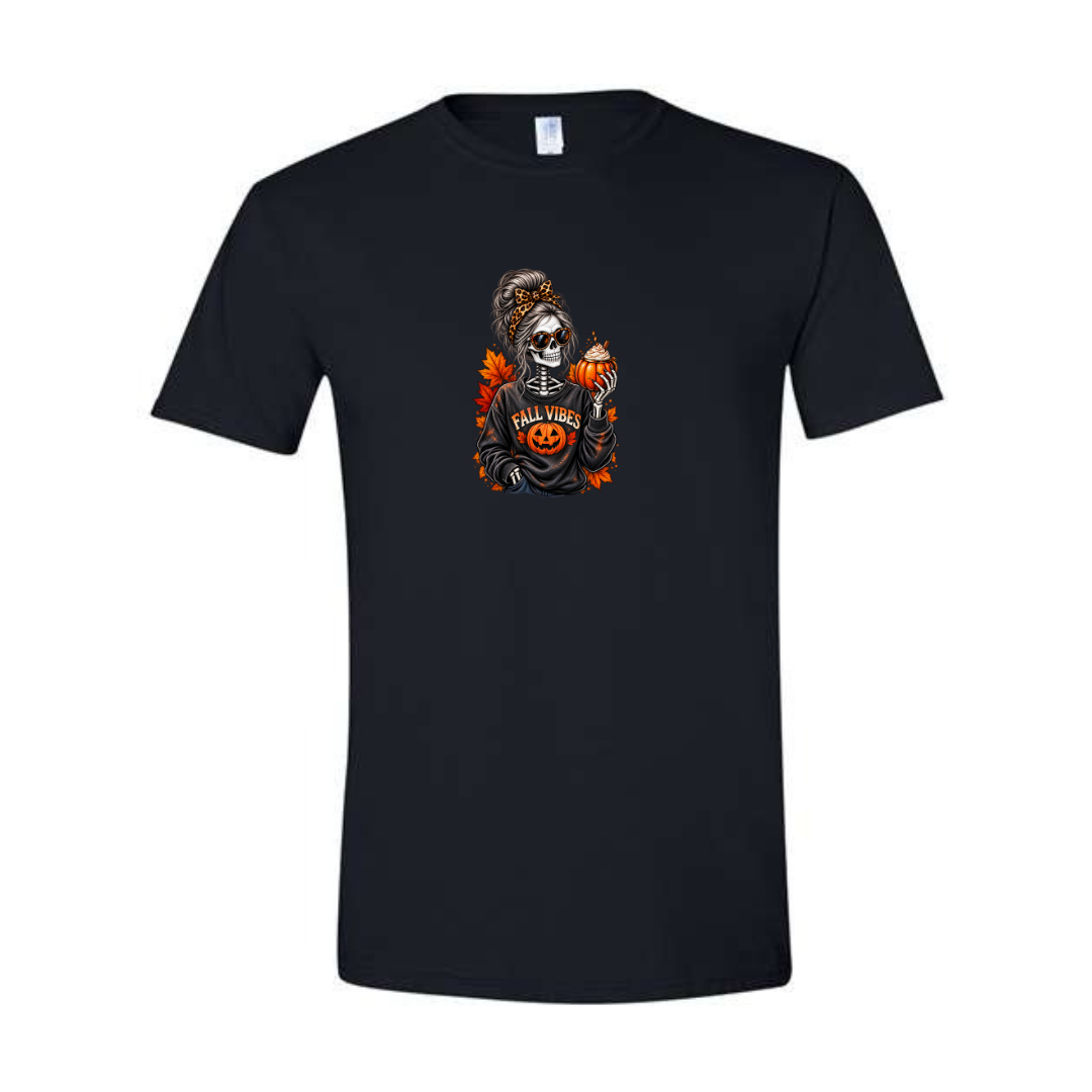 Fall Vibes Skeleton design on black Softstyle tee