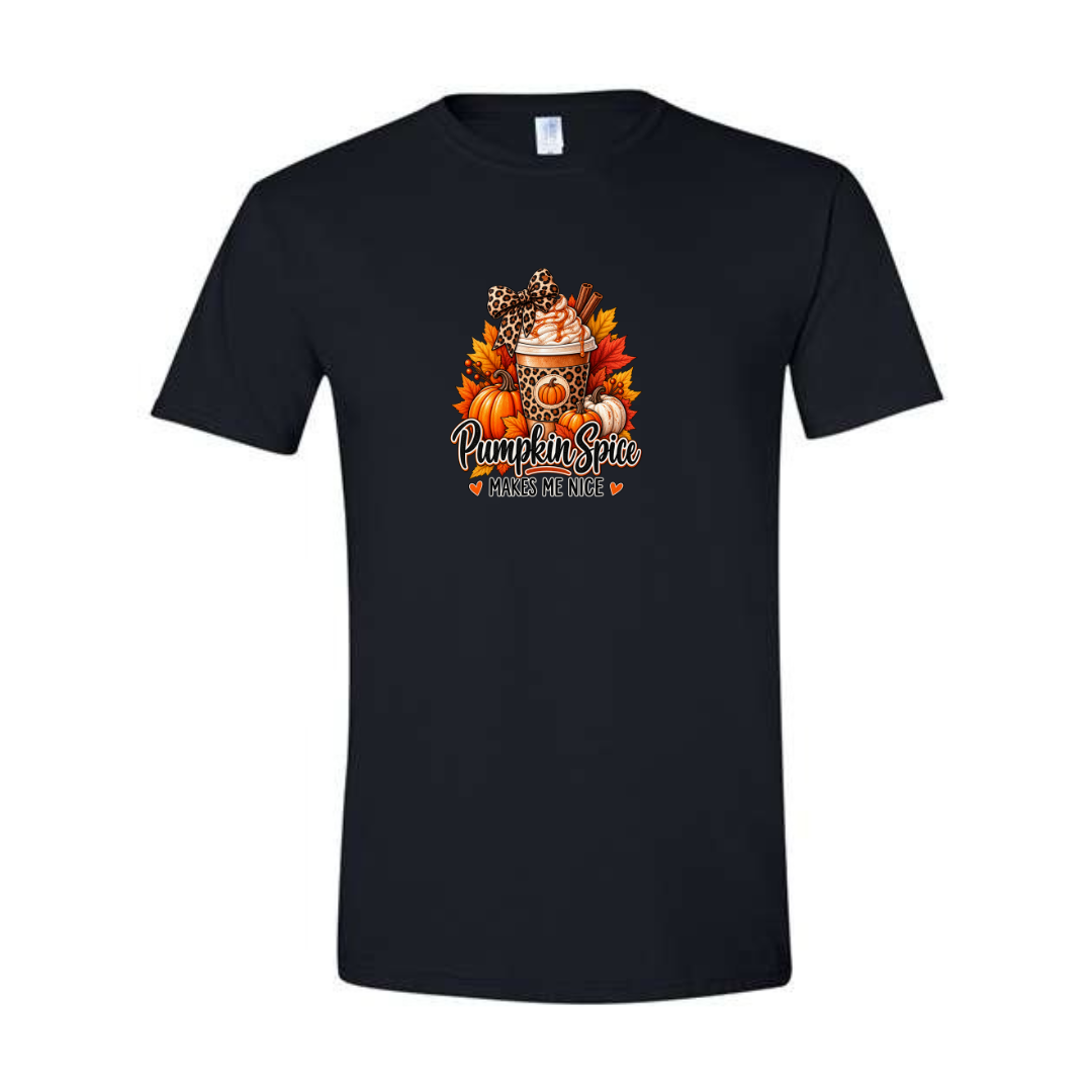 Pumpkin Spice Makes Me Nice design on black Softstyle tee