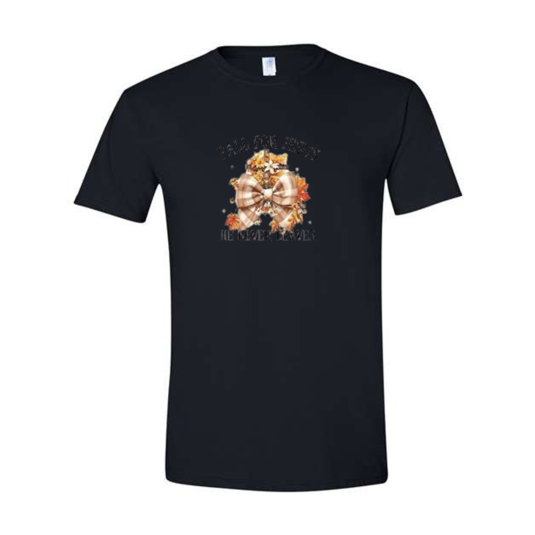 Fall For Jesus He Never Leaves design on black Softstyle tee
