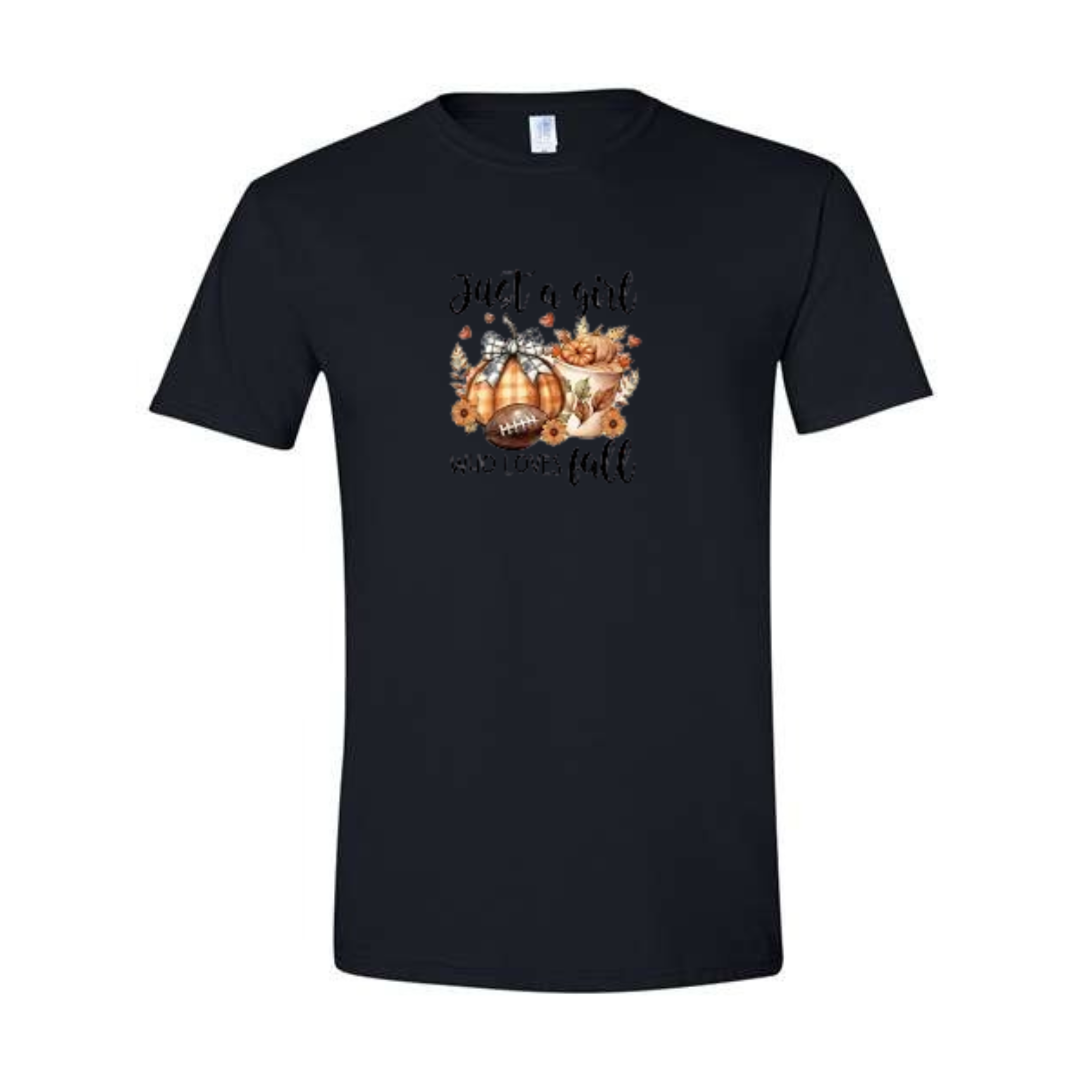 Just A Girl Who Loves Fall design on black Softstyle tee