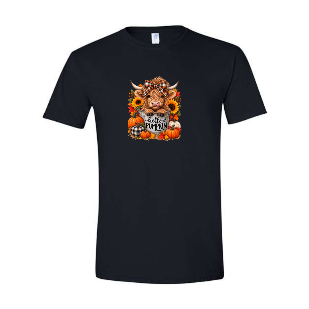 Hello Pumpkin Highland Cow design on black Softstyle tee