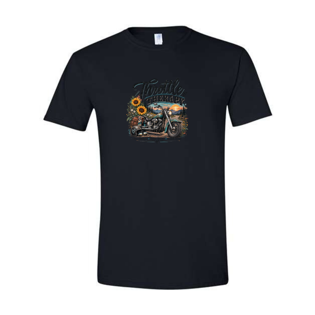 Throttle Therapy design on black Softstyle tee