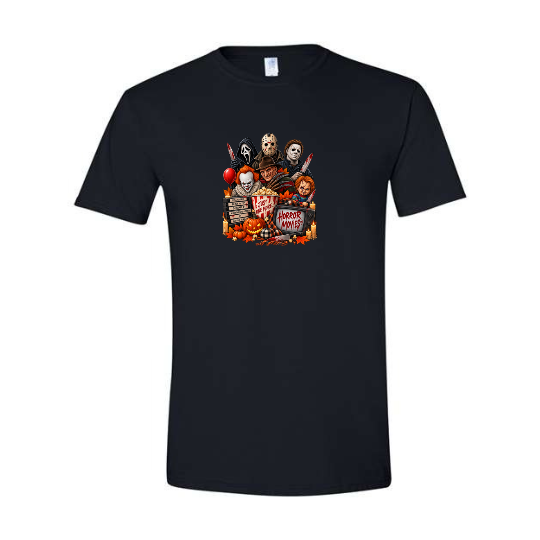 Just One More Horror Movie design on black Softstyle tee