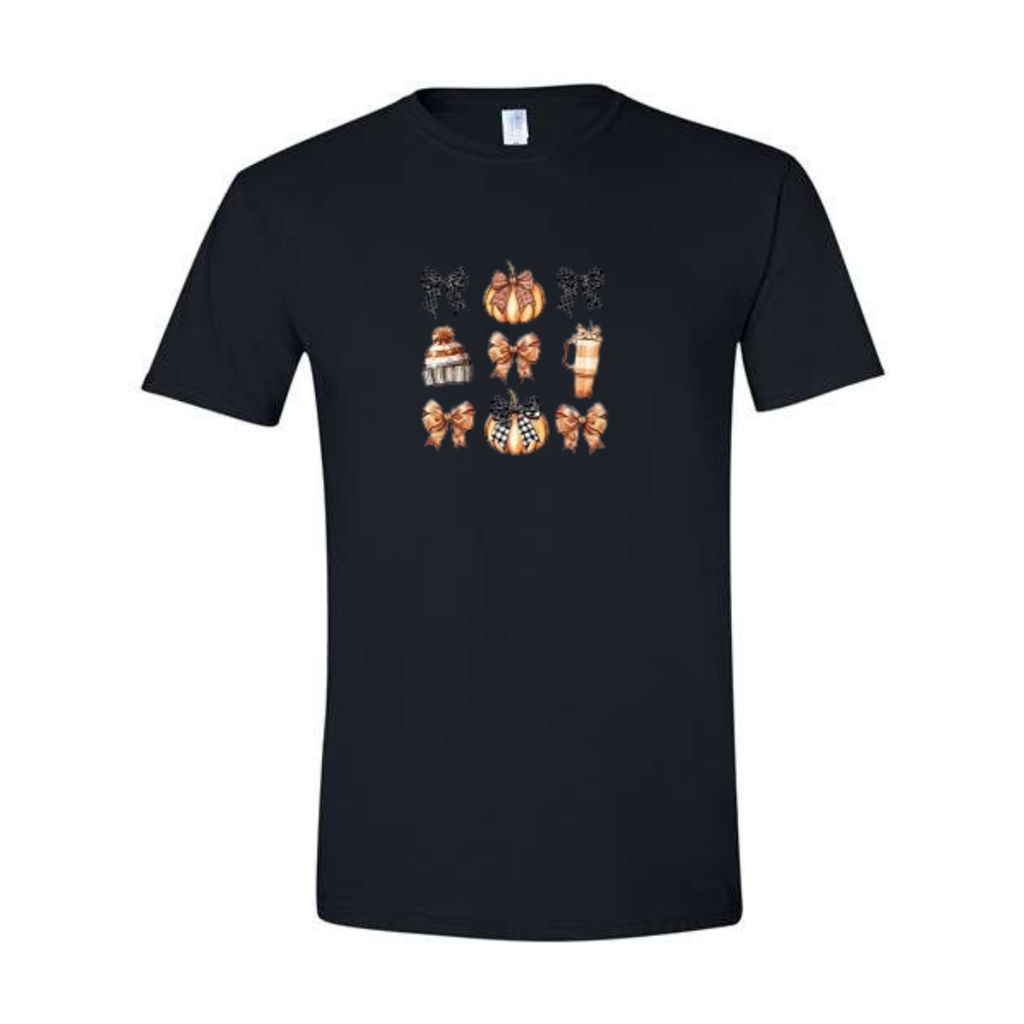 Cozy Bows and Brews design on black Softstyle tee