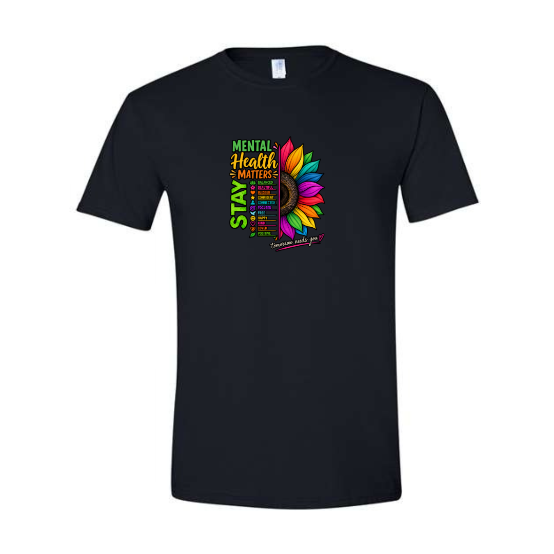 Mental Health Matters — Rainbow Sunflower design on black Softstyle tee
