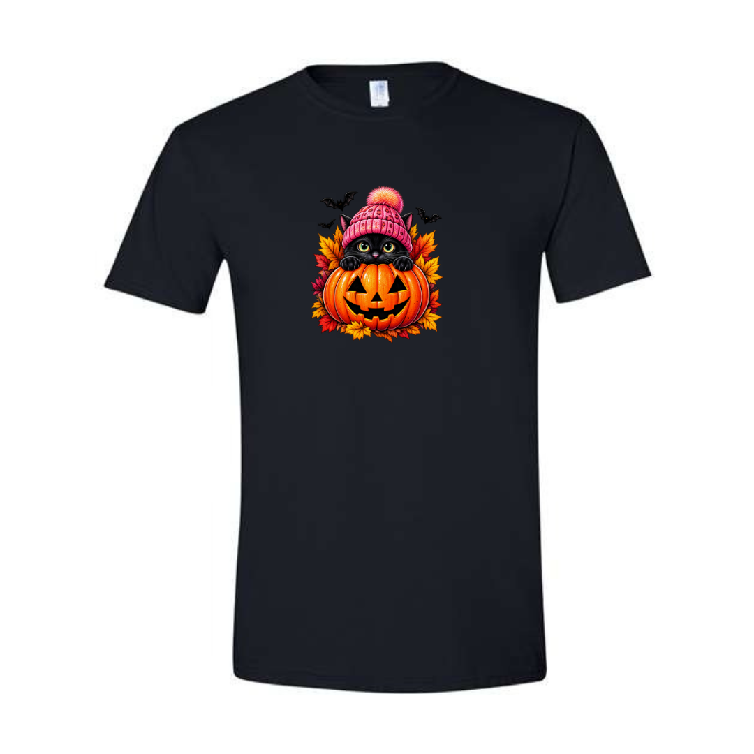 Black Cat Jack-O-Lantern design on black Softstyle tee