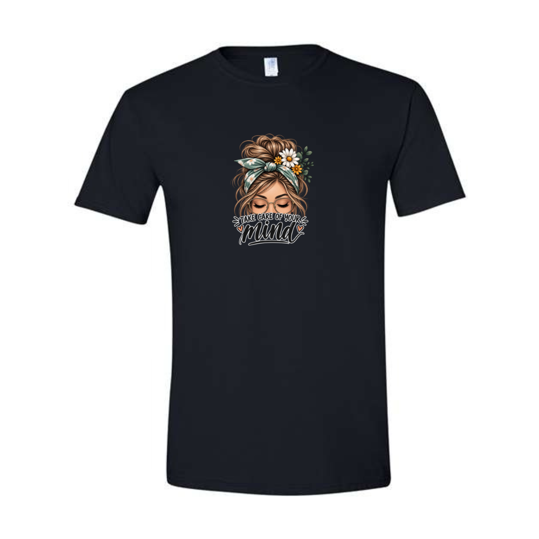 Take Care of Your Mind design on black Softstyle tee