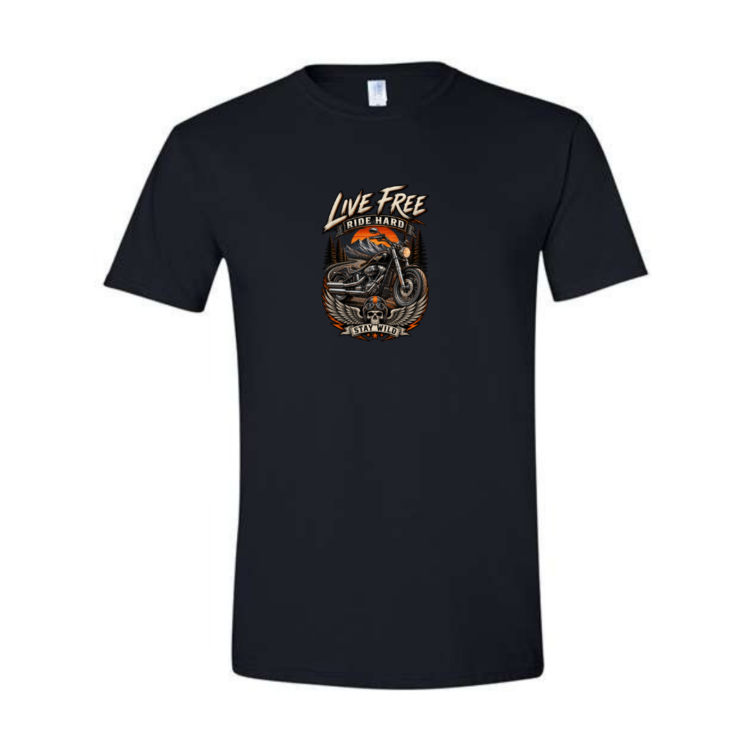 Live Free Ride Hard design on black Softstyle tee