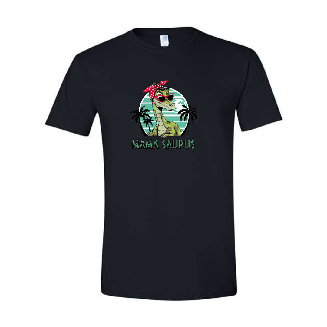 Mama Saurus design on black Softstyle tee