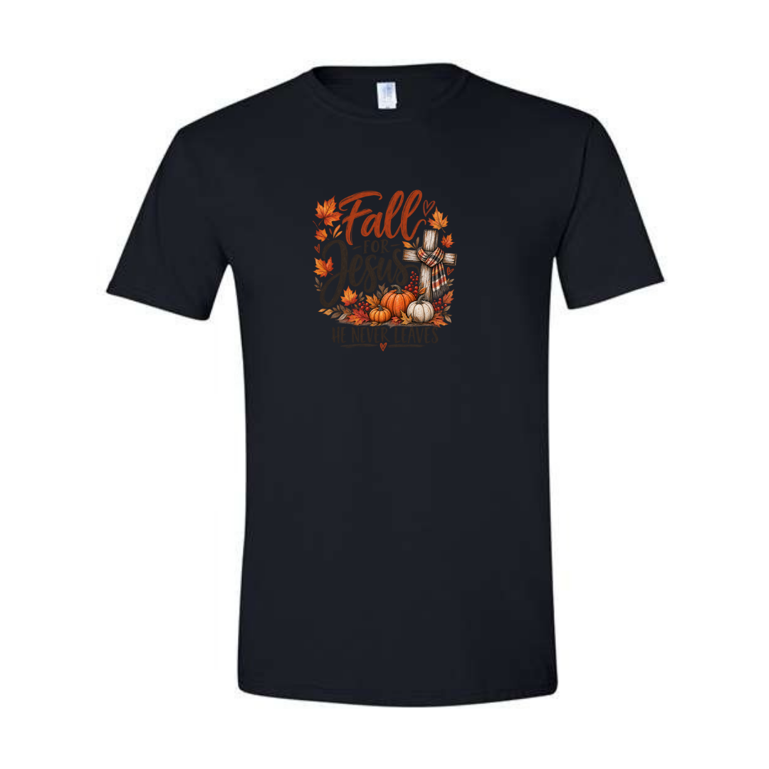 Fall For Jesus He Never Leaves — Watercolor design on black Softstyle tee
