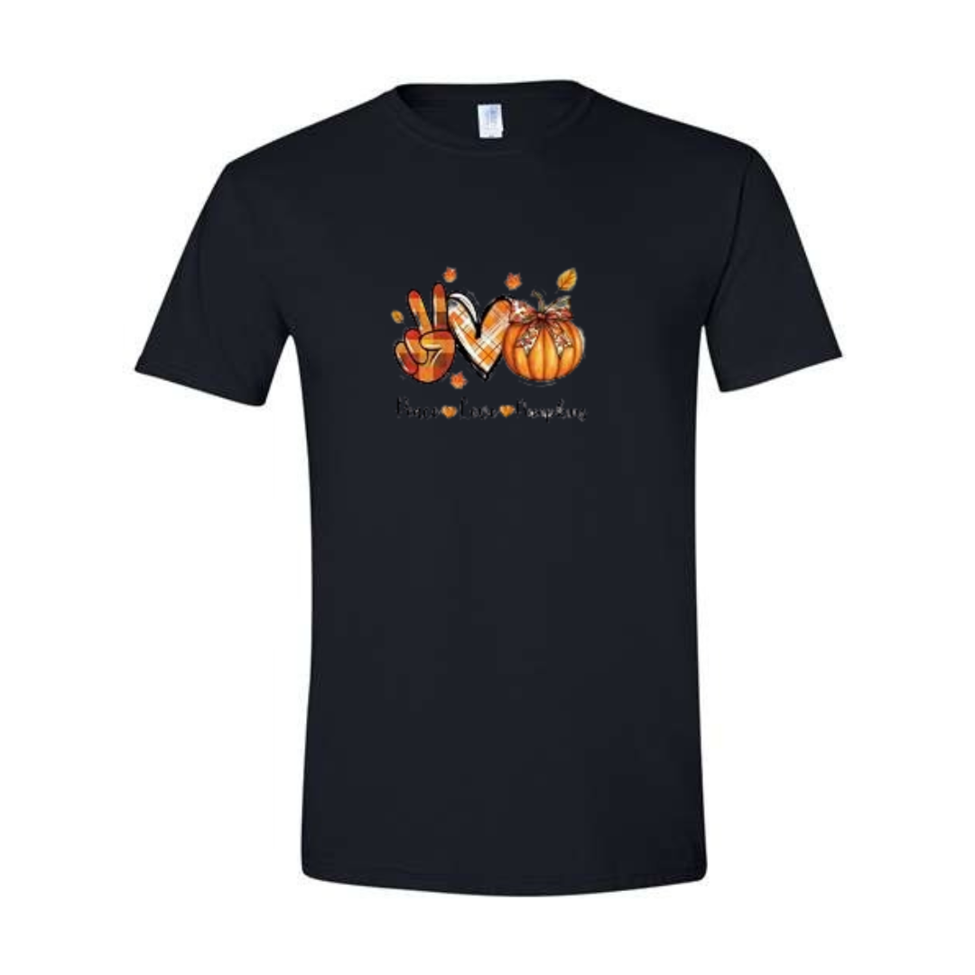 Peace Love Pumpkins design on black Softstyle tee