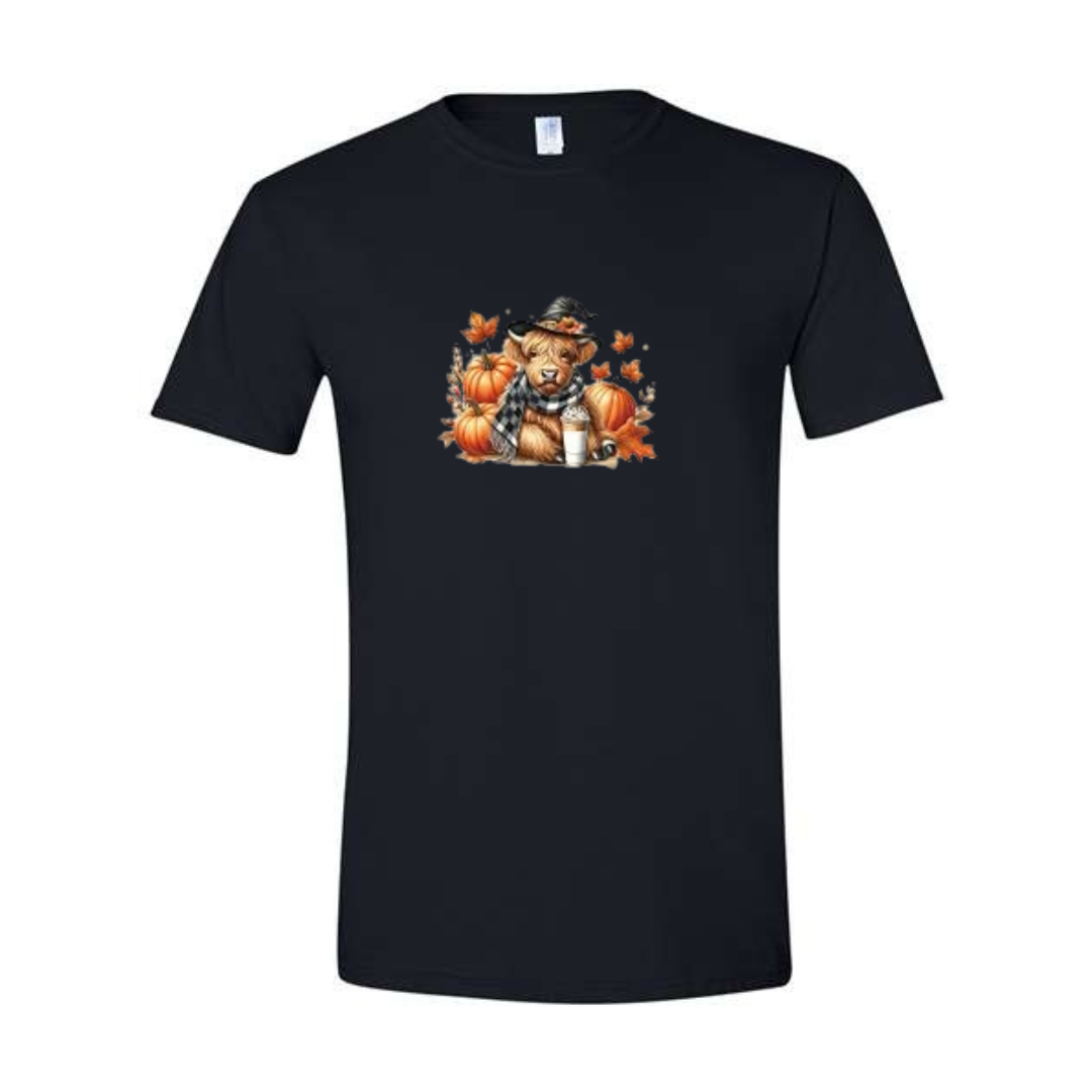 Cozy Highland Cow design on black Softstyle tee