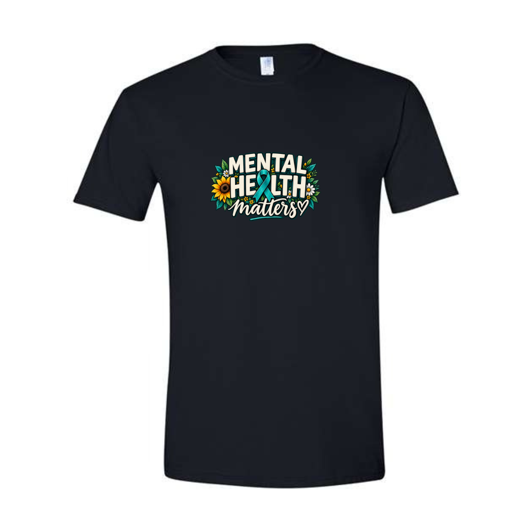 Mental Health Matters — Teal Ribbon design on black Softstyle tee