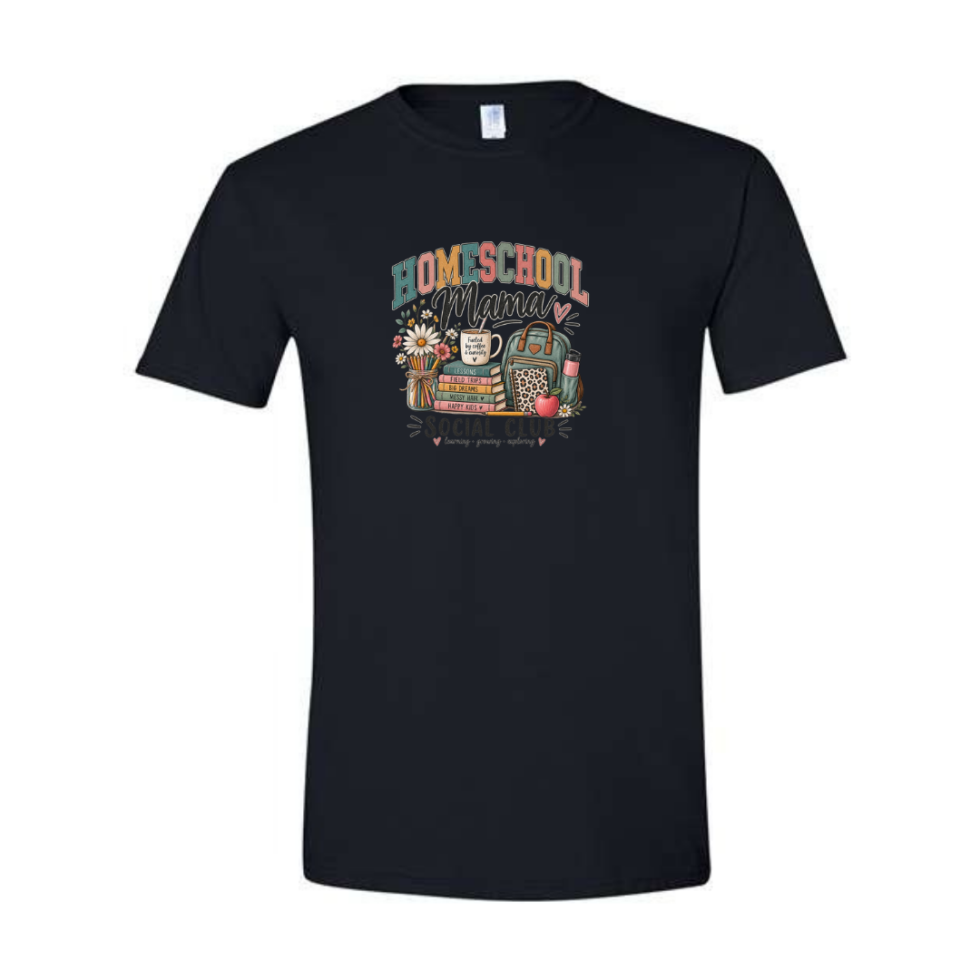 Homeschool Mama Social Club design on black Softstyle tee