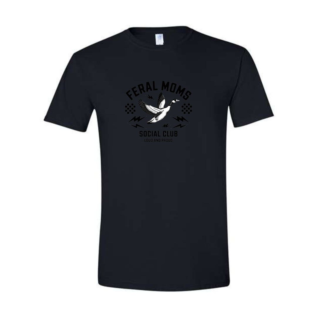 Feral Moms Social Club design on black Softstyle tee