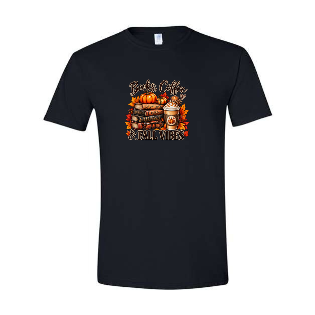 Books Coffee & Fall Vibes design on black Softstyle tee