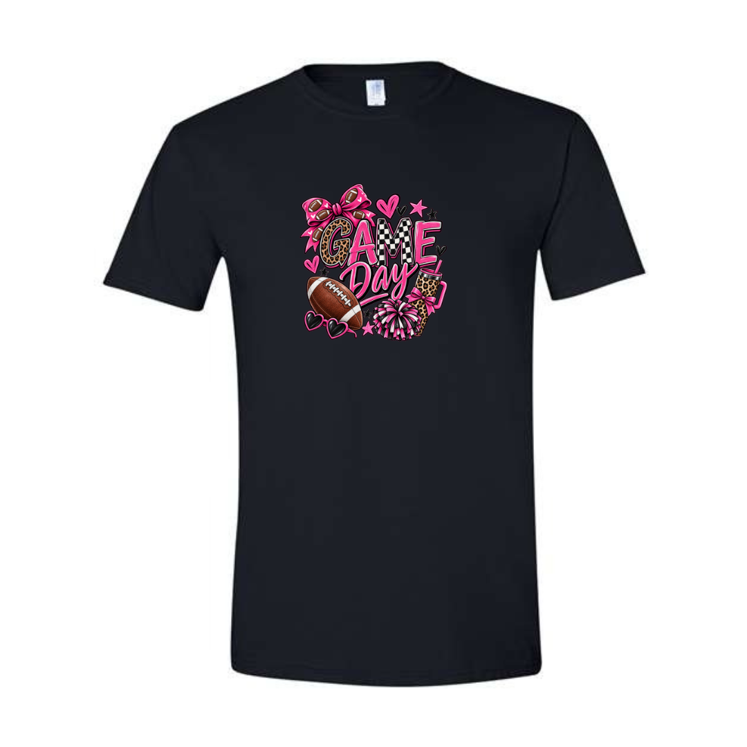 Game Day — Pink Leopard design on black Softstyle tee