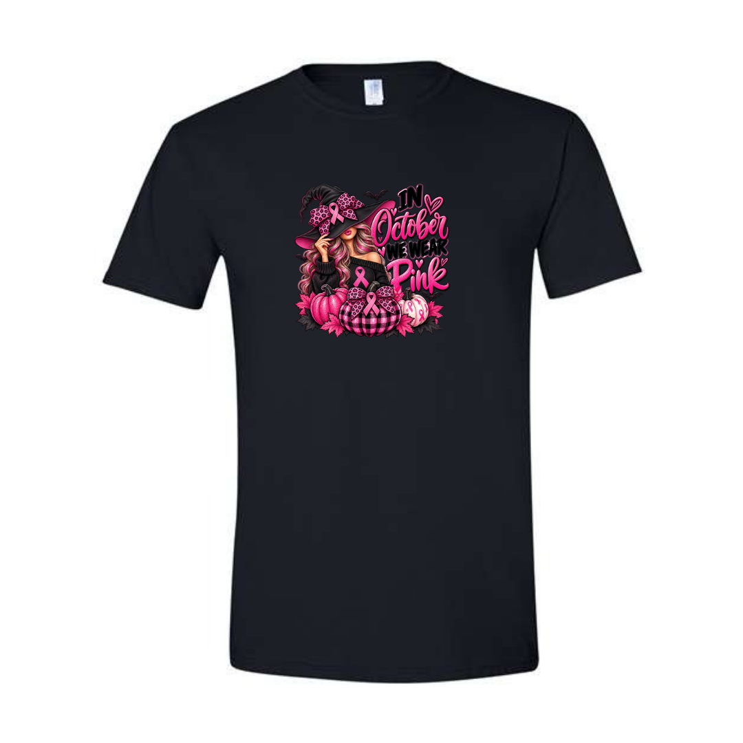 In October We Wear Pink — Witch Hat design on black Softstyle tee