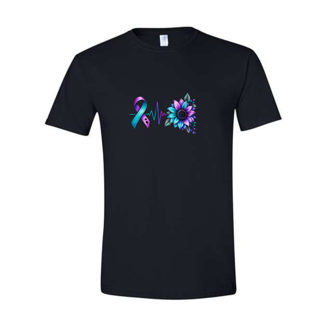 Suicide Prevention Ribbon Sunflower design on black Softstyle tee