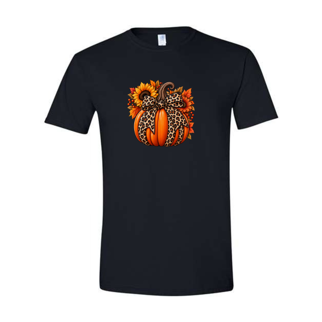 Leopard Pumpkin With Bow design on black Softstyle tee
