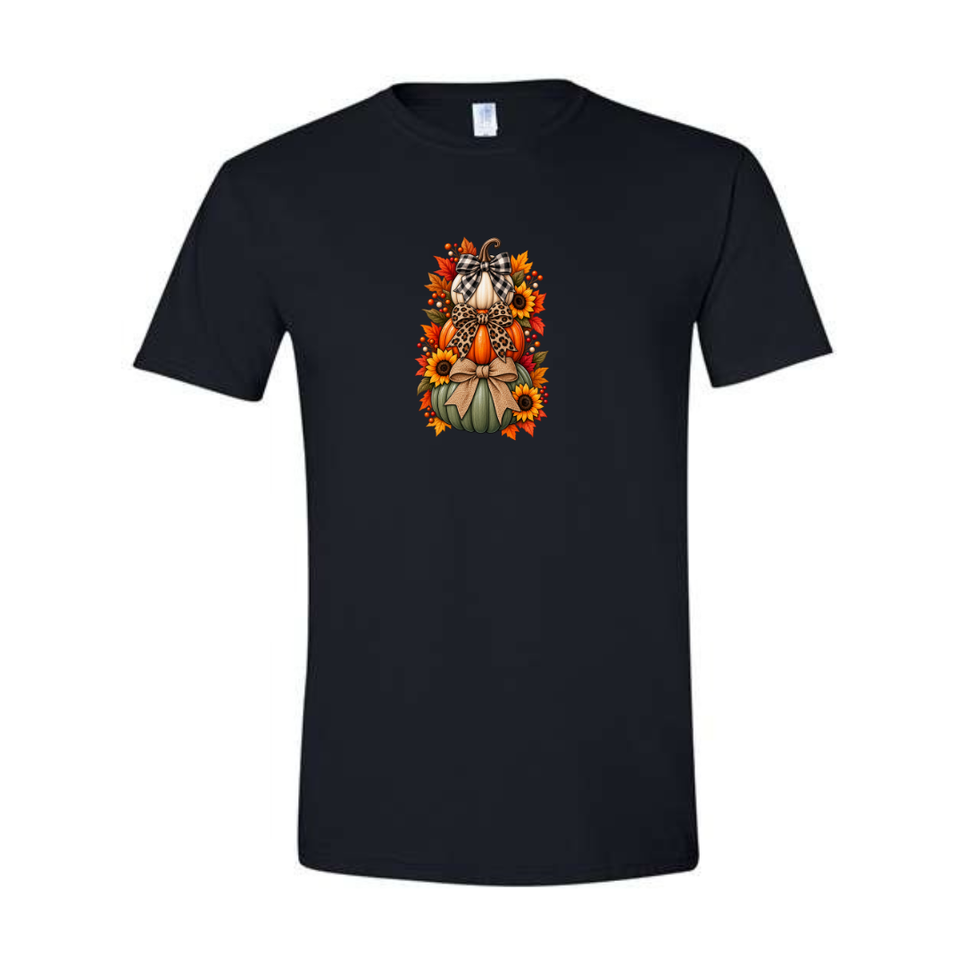 Stacked Pumpkins With Bows design on black Softstyle tee
