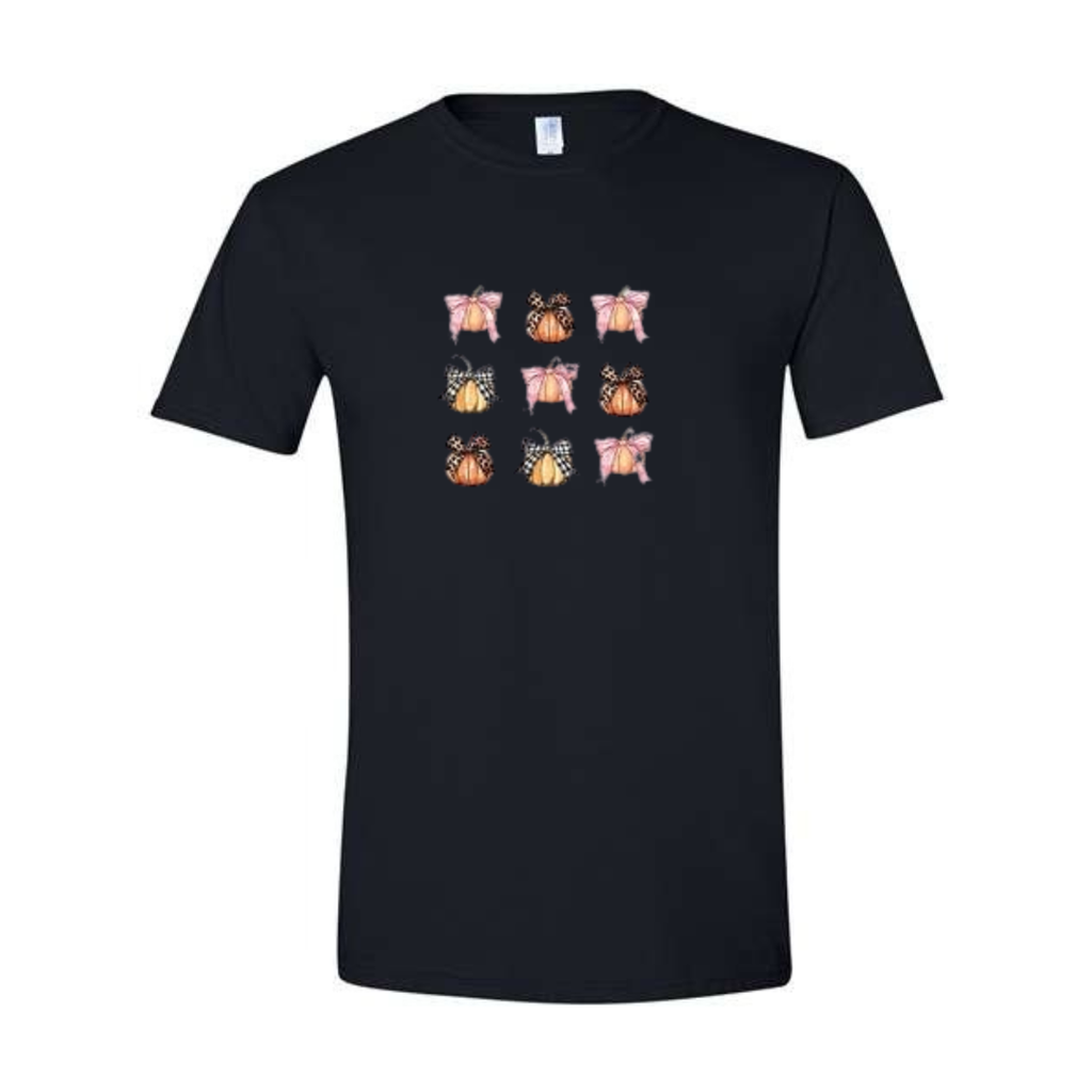 Coquette Pumpkin Bows design on black Softstyle tee