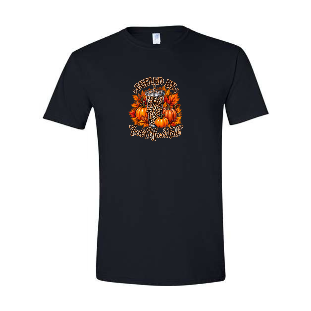 Fueled By Iced Coffee & Fall design on black Softstyle tee