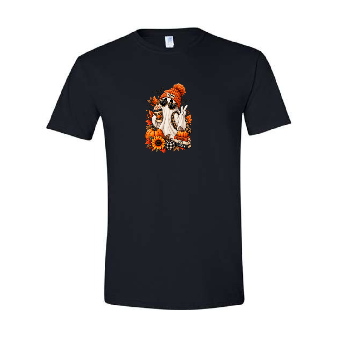 Pumpkin Spice Season Ghost design on black Softstyle tee