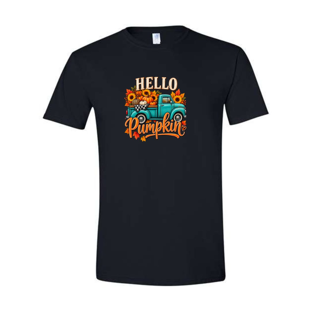 Hello Pumpkin Truck design on black Softstyle tee