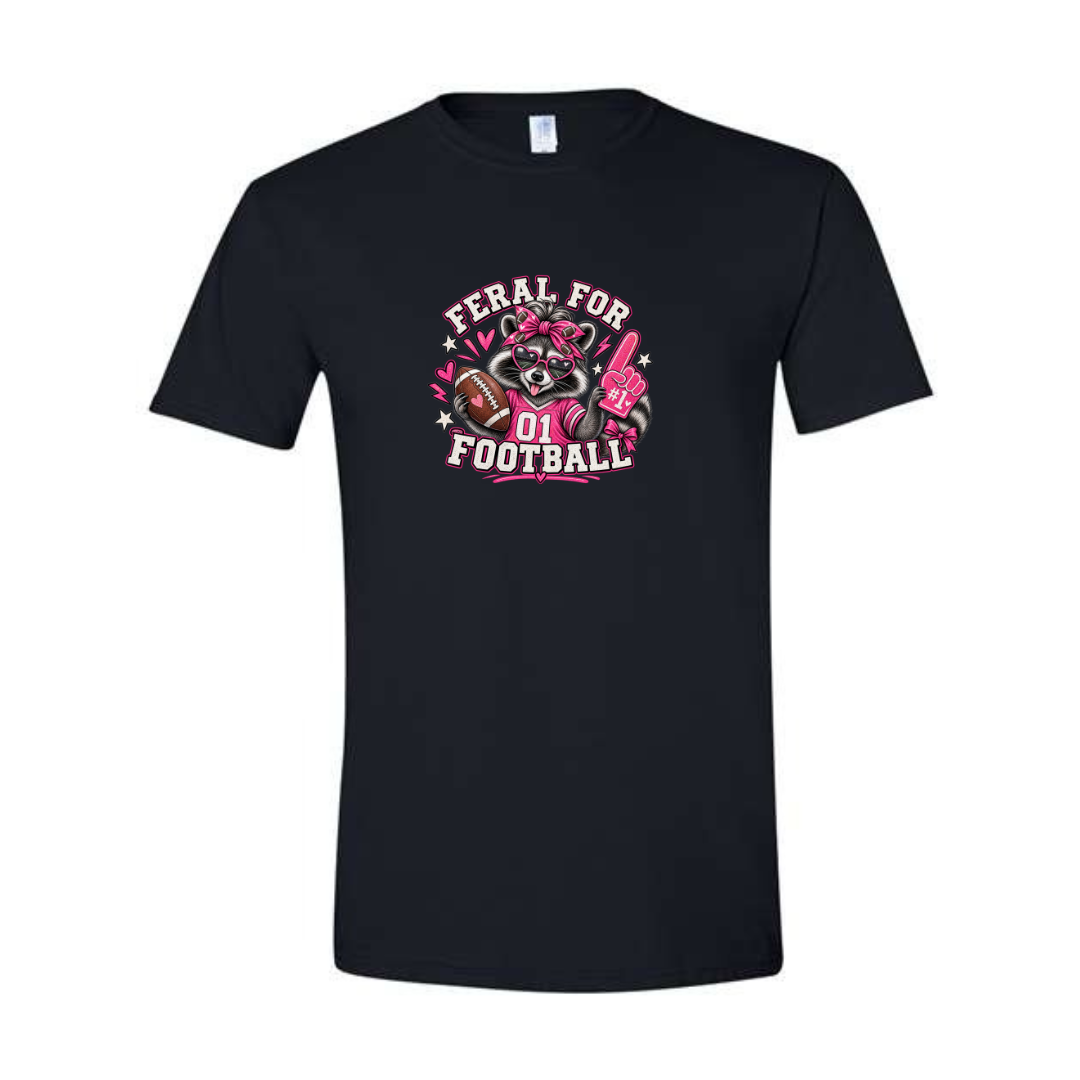 Feral For Football — Pink Cheer design on black Softstyle tee