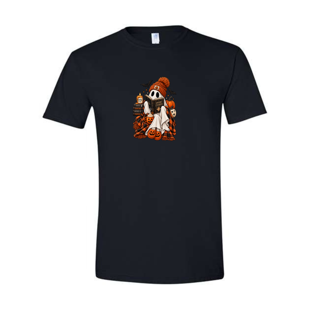 Spooky Stories design on black Softstyle tee