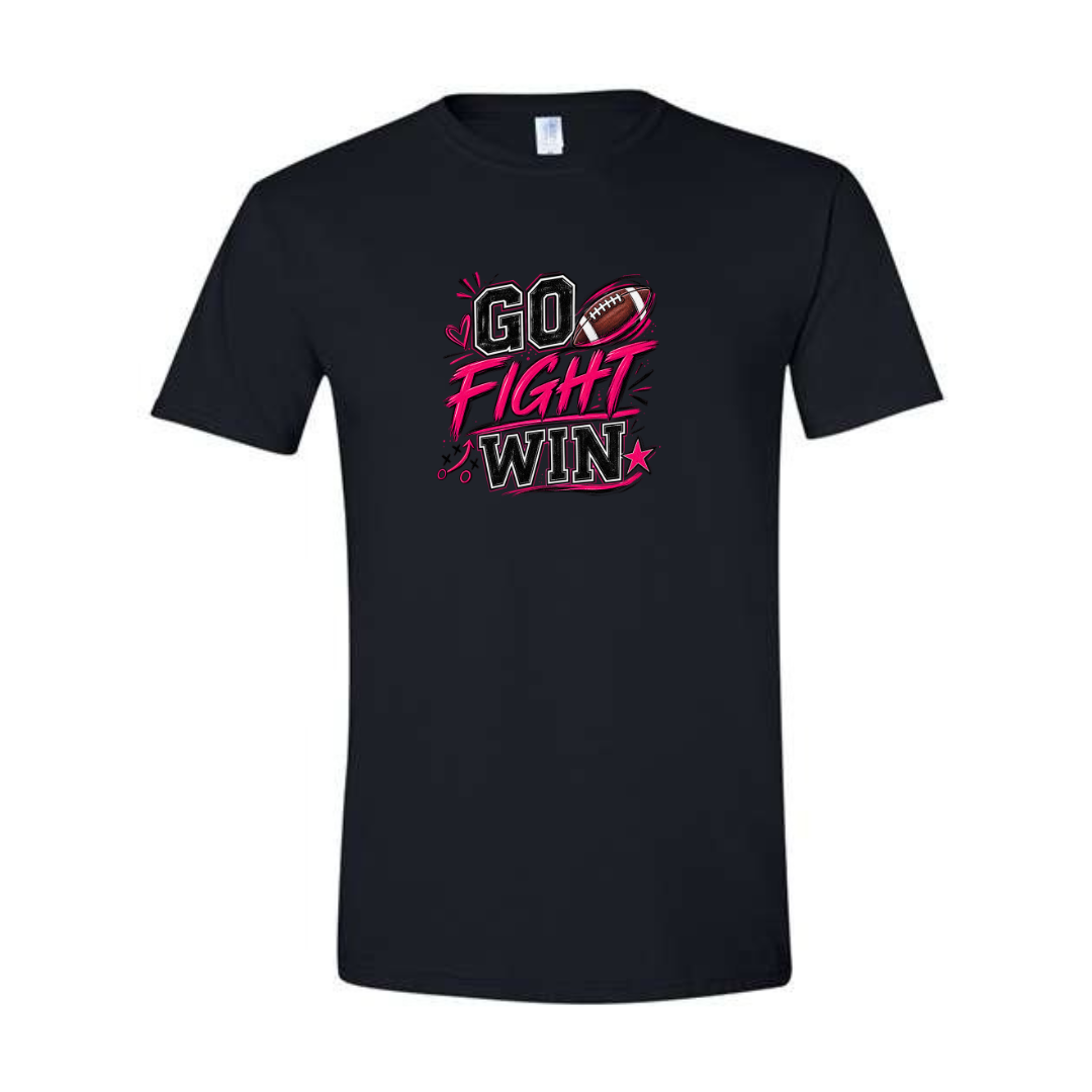 Go Fight Win design on black Softstyle tee