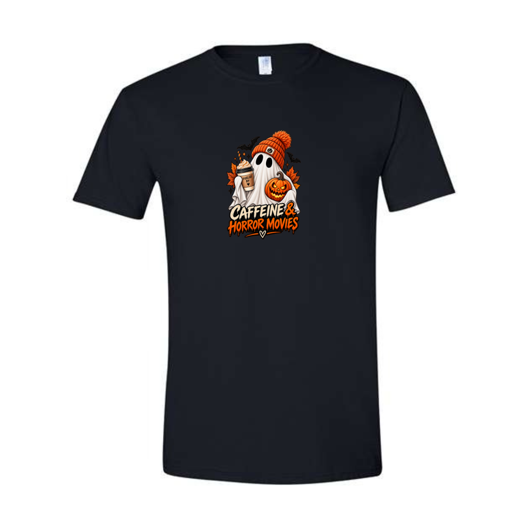 Caffeine & Horror Movies design on black Softstyle tee