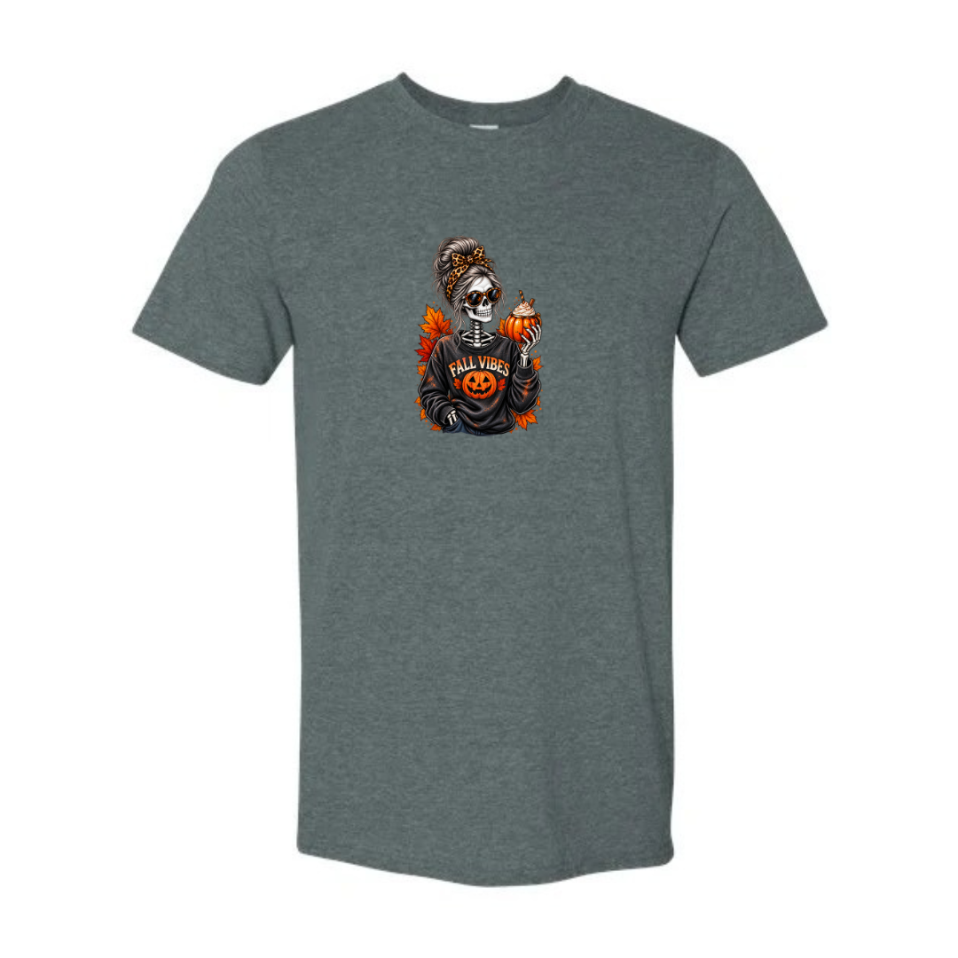 Fall Vibes Skeleton design on grey Softstyle tee