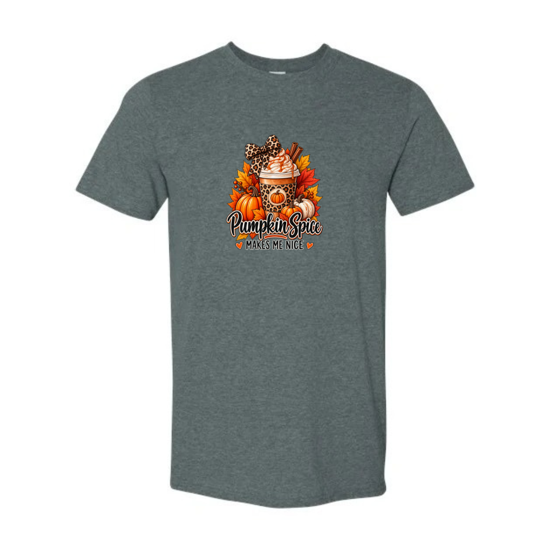Pumpkin Spice Makes Me Nice design on grey Softstyle tee