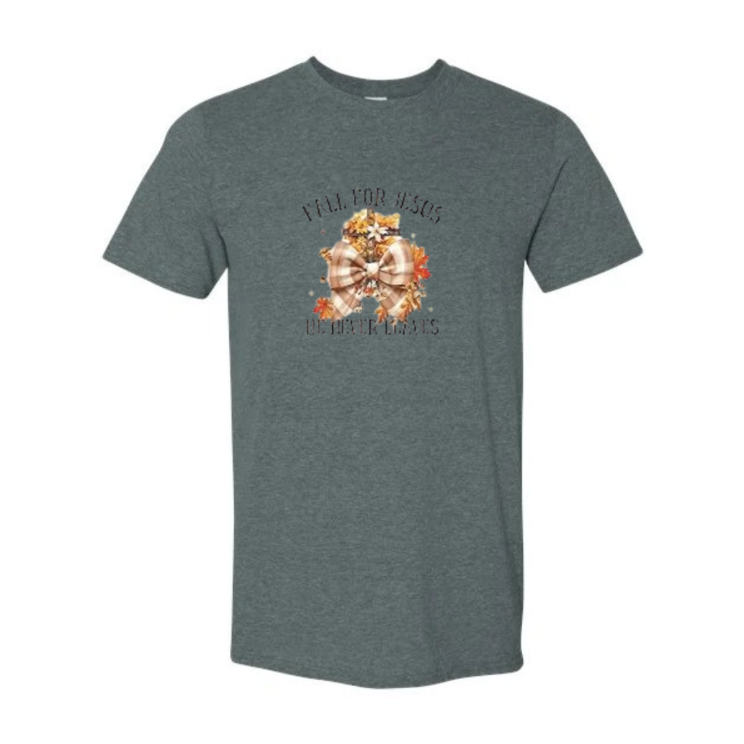 Fall For Jesus He Never Leaves design on grey Softstyle tee