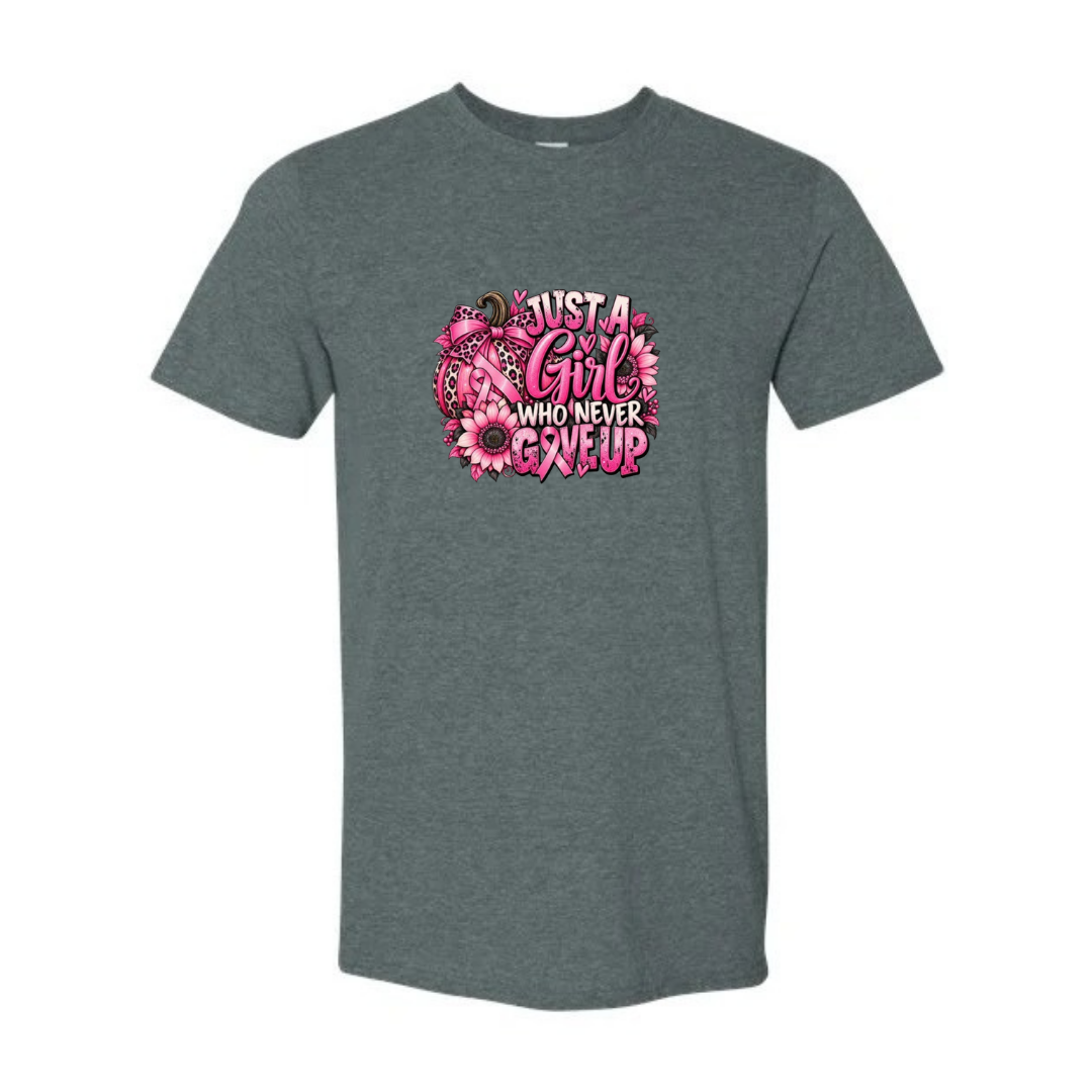 Just A Girl Who Never Gave Up design on grey Softstyle tee