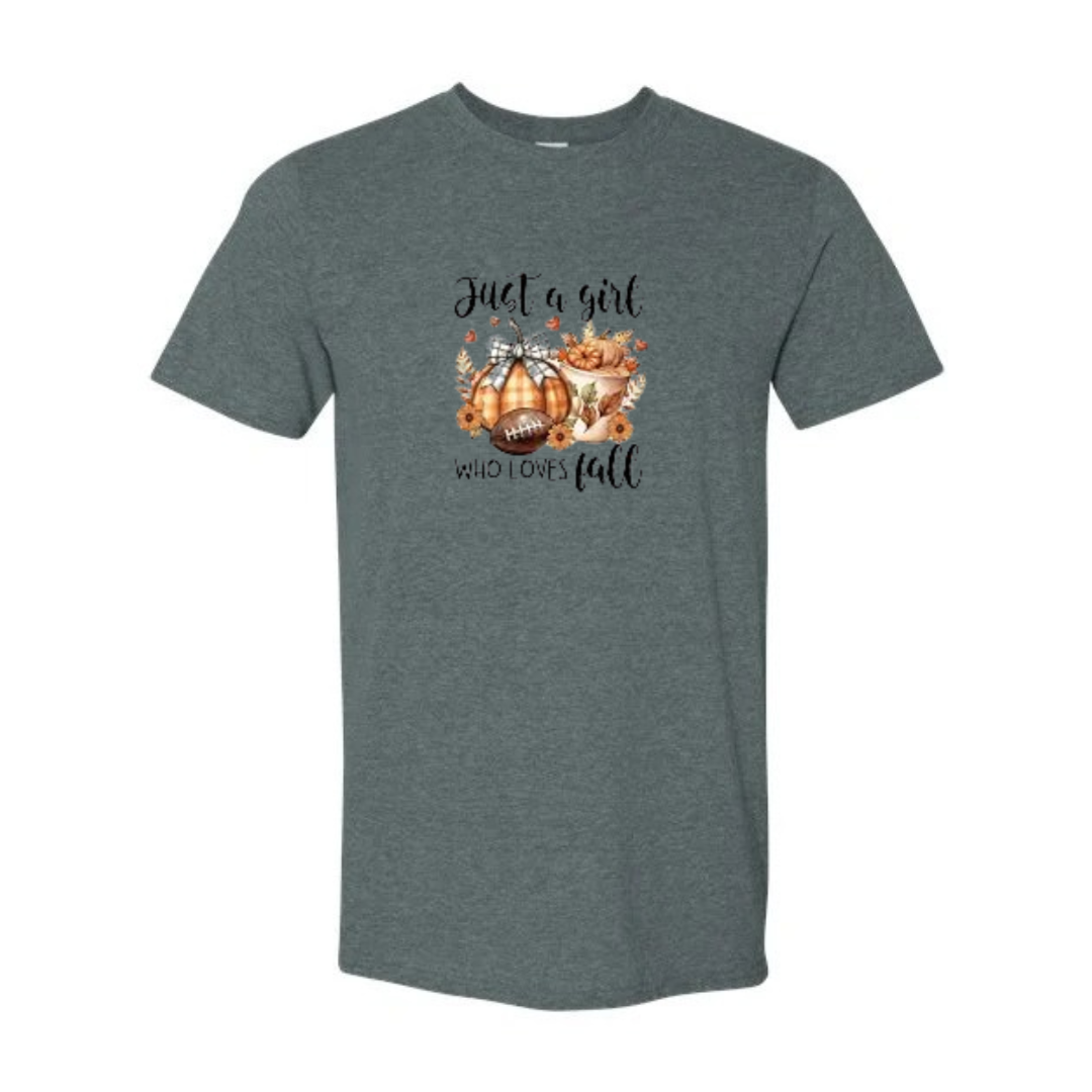 Just A Girl Who Loves Fall design on grey Softstyle tee