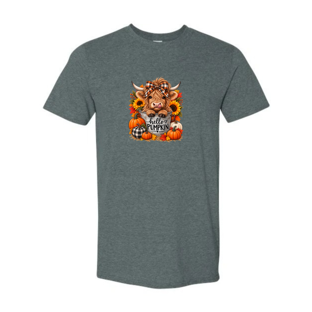 Hello Pumpkin Highland Cow design on grey Softstyle tee